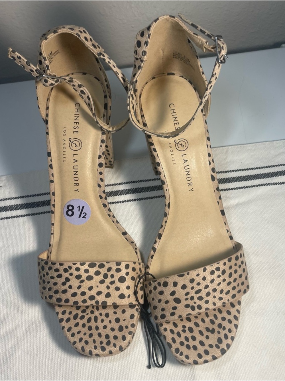 Chinese Laundry Beige and Black Spotted Ankle Strap Heels